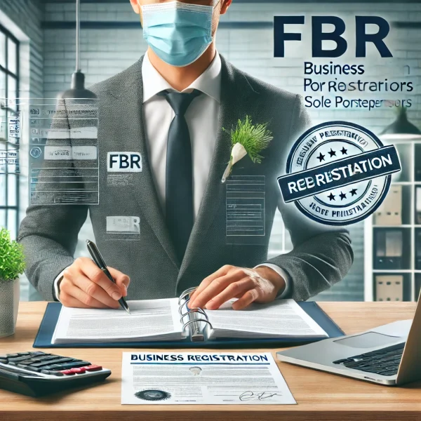 Business Registration for Sole Proprietors in FBR – A business owner signing registration documents with an FBR portal on a laptop in a modern office setting.